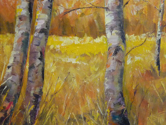 A painting of gray tree trunks among golden yellow grass. The forest in the distance have orange leaves for fall. 