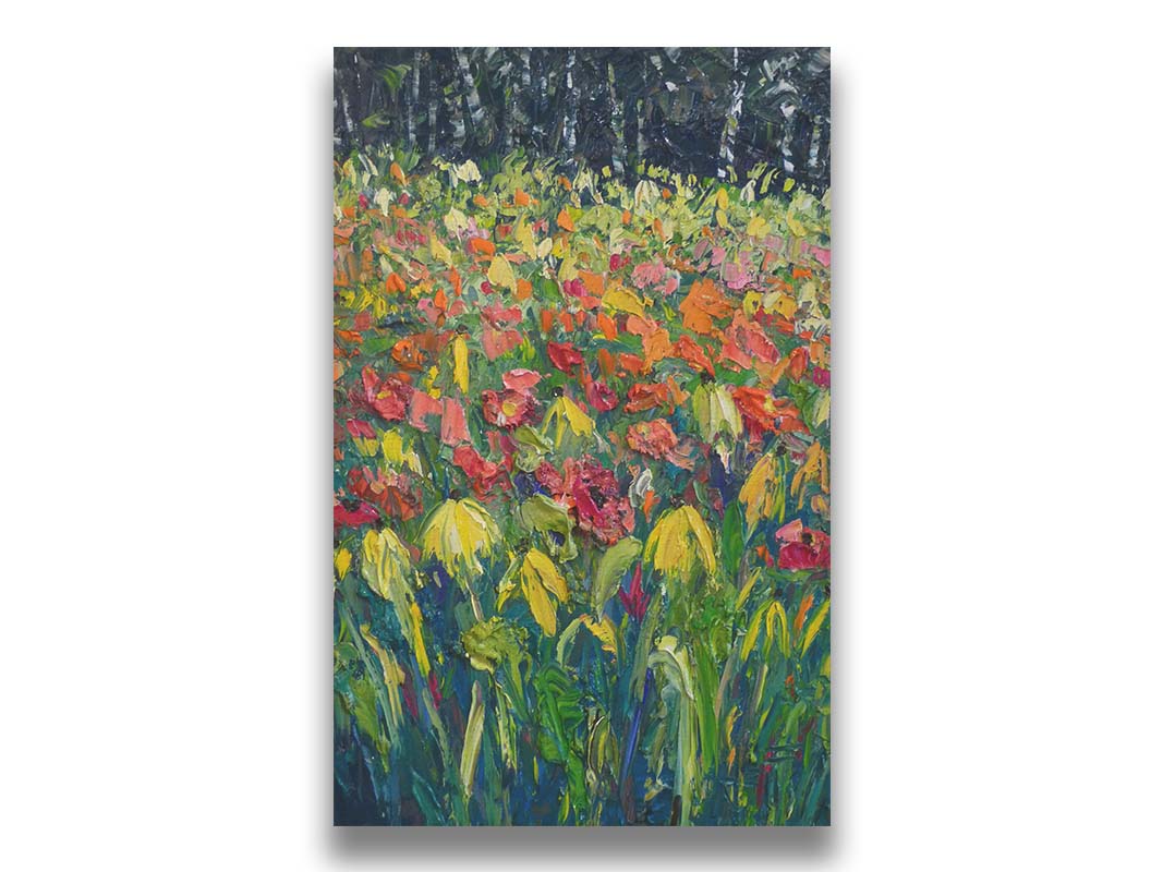 A painting of red, orange, and yellow flowers, including yellow cornflowers. The warm petal colors are contrasted by the vibrant green stems and the dark birch forest in the background. Printed on canvas.