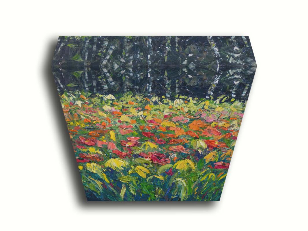 A painting of red, orange, and yellow flowers, including yellow cornflowers. The warm petal colors are contrasted by the vibrant green stems and the dark birch forest in the background. Printed on canvas.