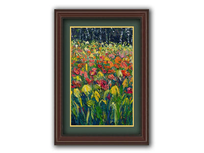 A painting of red, orange, and yellow flowers, including yellow cornflowers. The warm petal colors are contrasted by the vibrant green stems and the dark birch forest in the background. Printed on paper, matted, and framed.