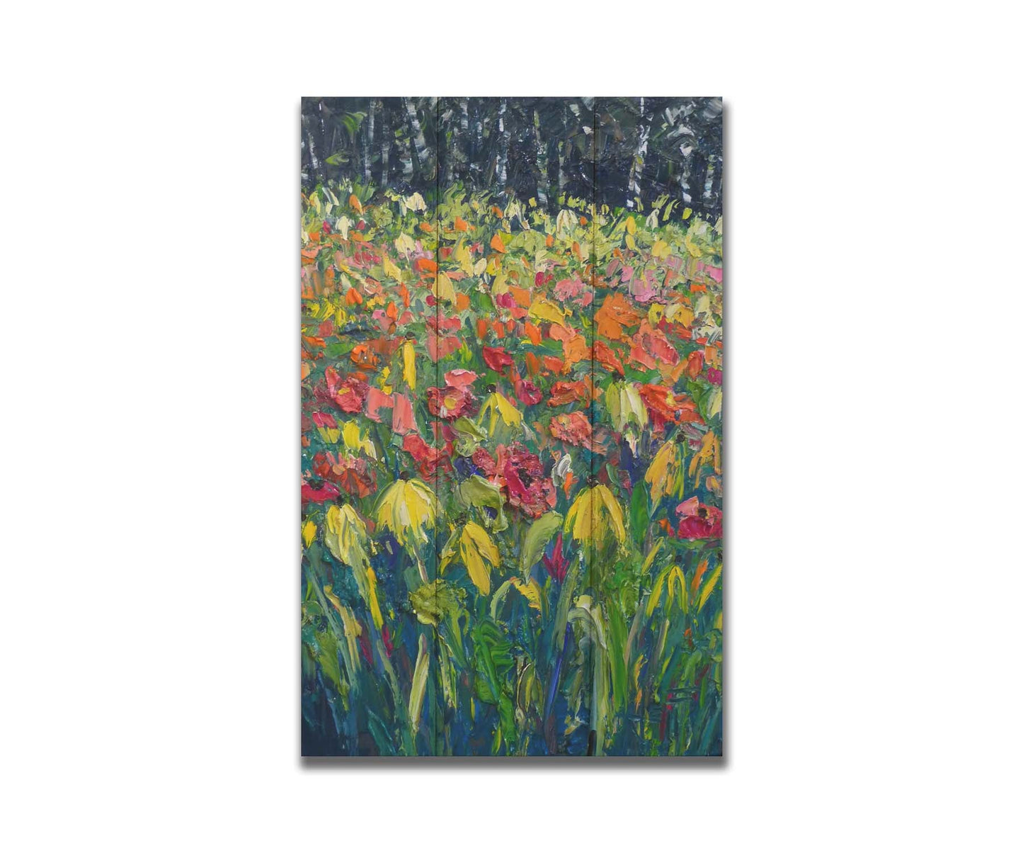 A painting of red, orange, and yellow flowers, including yellow cornflowers. The warm petal colors are contrasted by the vibrant green stems and the dark birch forest in the background. Printed on a box board.