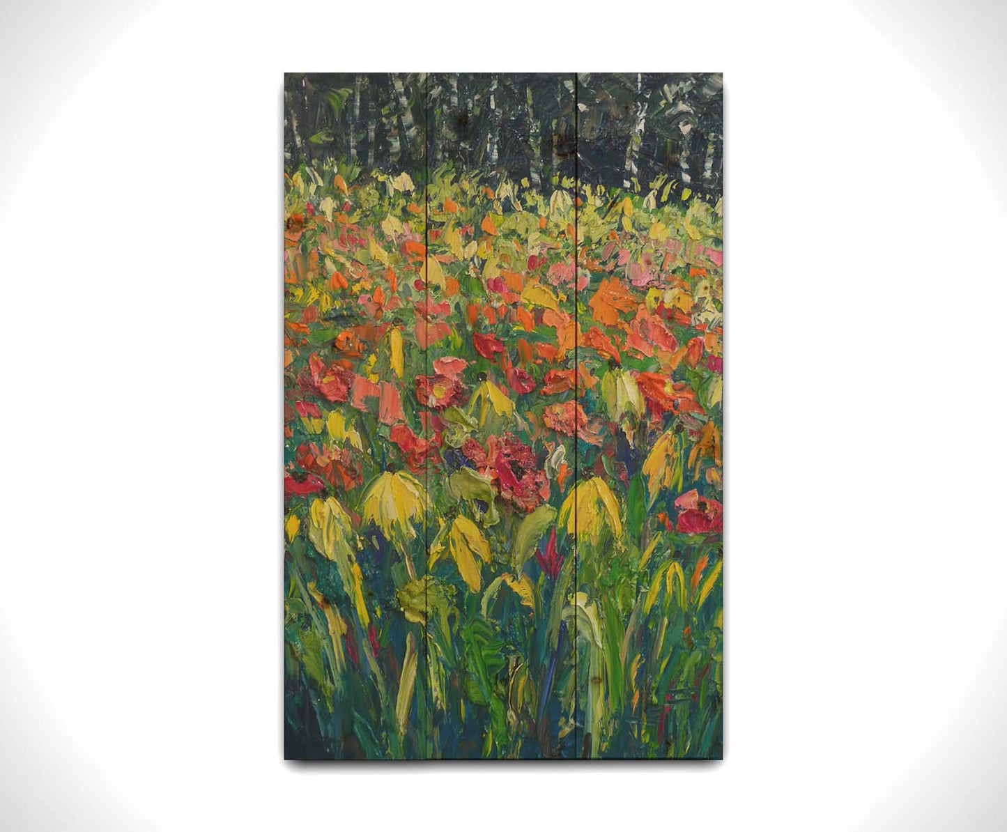 A painting of red, orange, and yellow flowers, including yellow cornflowers. The warm petal colors are contrasted by the vibrant green stems and the dark birch forest in the background. Printed on a wood pallet.