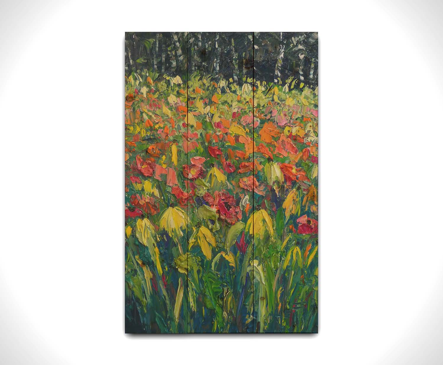 A painting of red, orange, and yellow flowers, including yellow cornflowers. The warm petal colors are contrasted by the vibrant green stems and the dark birch forest in the background. Printed on a wood pallet.