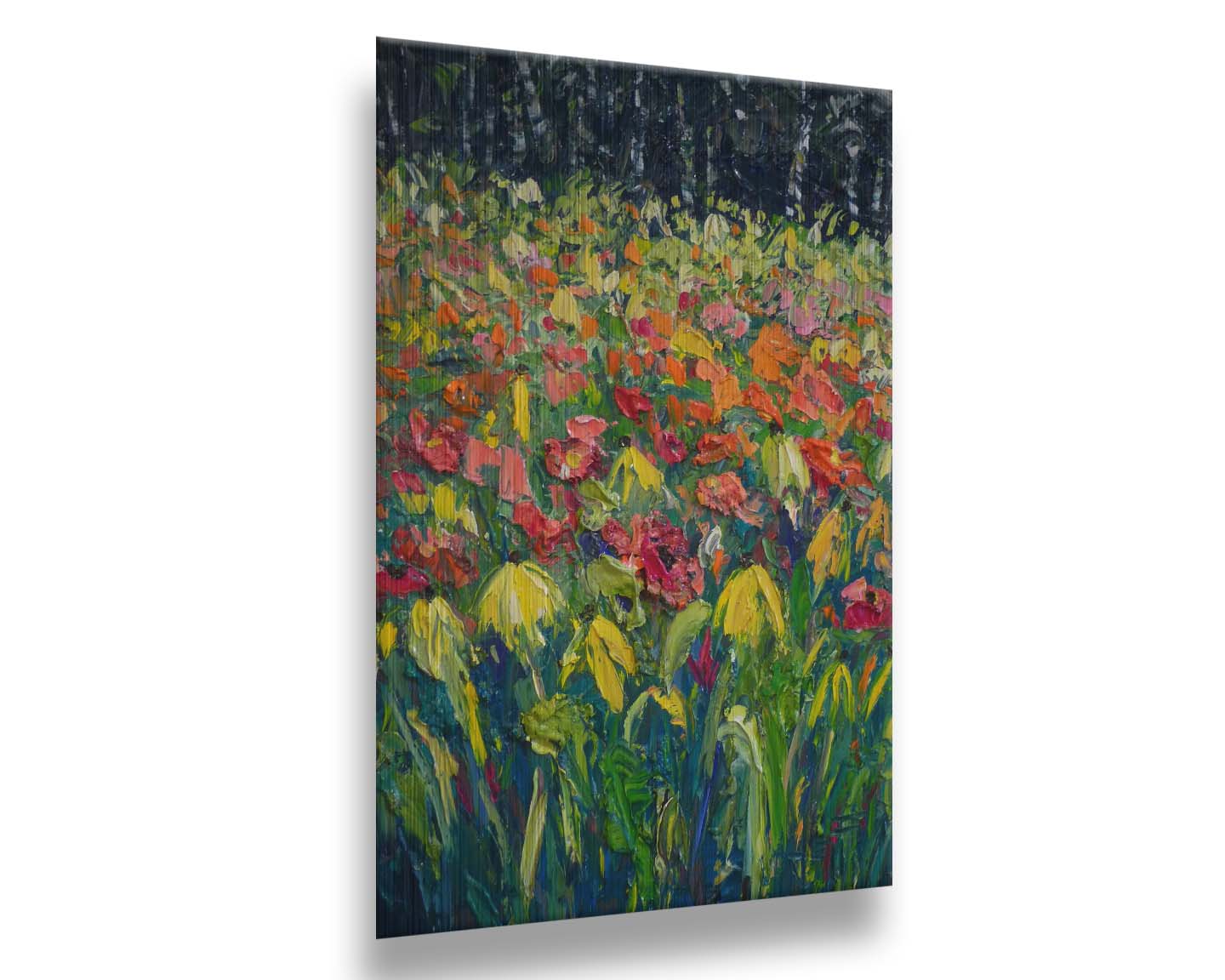 A painting of red, orange, and yellow flowers, including yellow cornflowers. The warm petal colors are contrasted by the vibrant green stems and the dark birch forest in the background. Printed on metal.