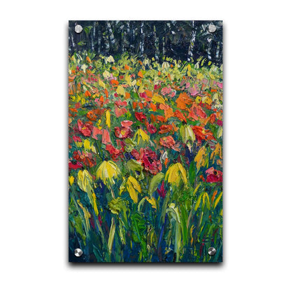 A painting of red, orange, and yellow flowers, including yellow cornflowers. The warm petal colors are contrasted by the vibrant green stems and the dark birch forest in the background. Printed on acrylic.