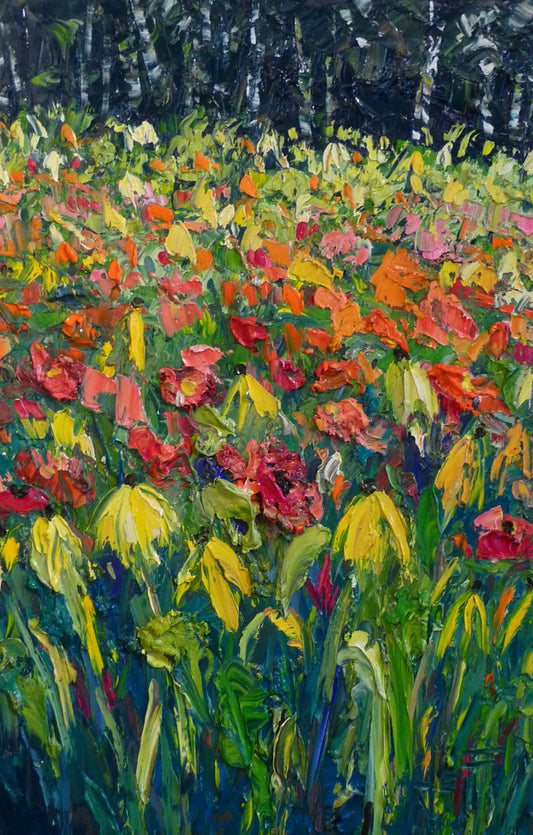 A painting of red, orange, and yellow flowers, including yellow cornflowers. The warm petal colors are contrasted by the vibrant green stems and the dark birch forest in the background. 