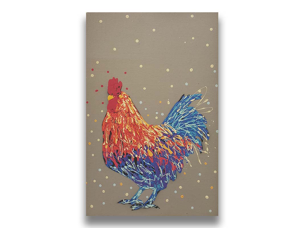 A drip painting of a red and blue rooster against a warm gray background. Printed on canvas.