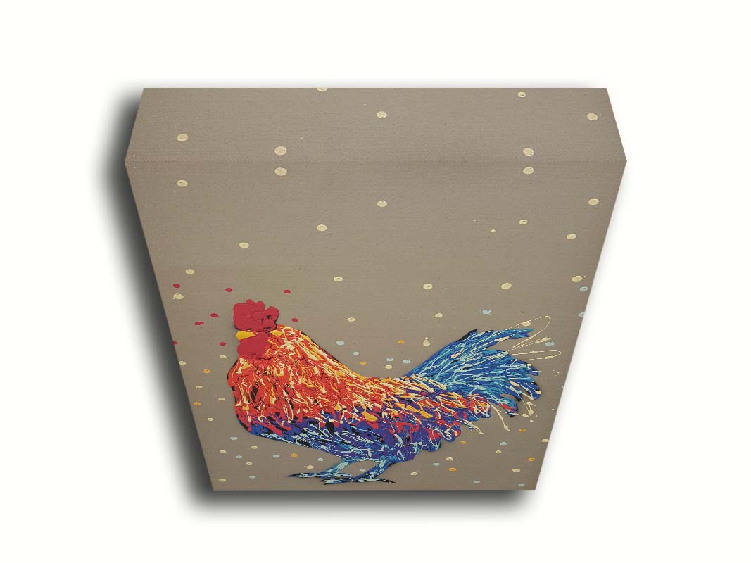 A drip painting of a red and blue rooster against a warm gray background. Printed on canvas.