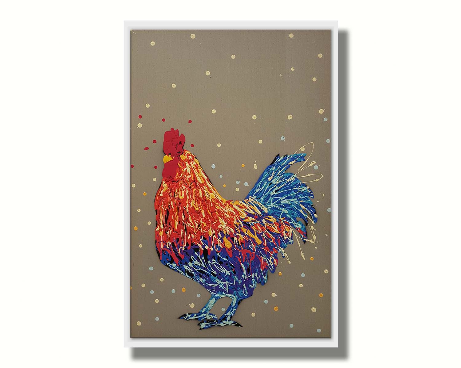 A drip painting of a red and blue rooster against a warm gray background. Printed on canvas in a float frame.