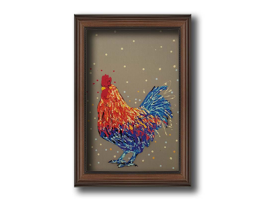 A drip painting of a red and blue rooster against a warm gray background. Printed on canvas and framed.