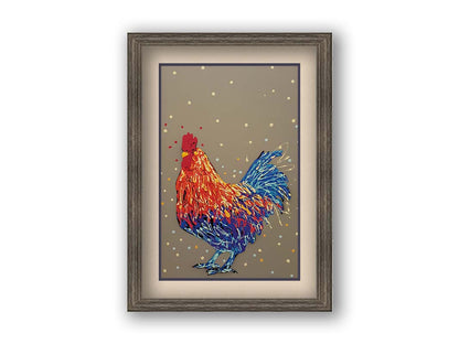 A drip painting of a red and blue rooster against a warm gray background. Printed on paper, matted, and framed.