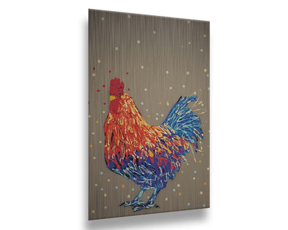 A drip painting of a red and blue rooster against a warm gray background. Printed on metal.