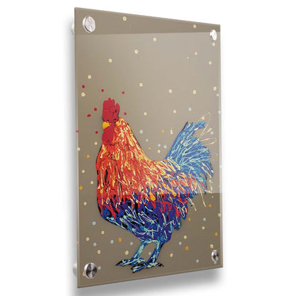 A drip painting of a red and blue rooster against a warm gray background. Printed on acrylic.