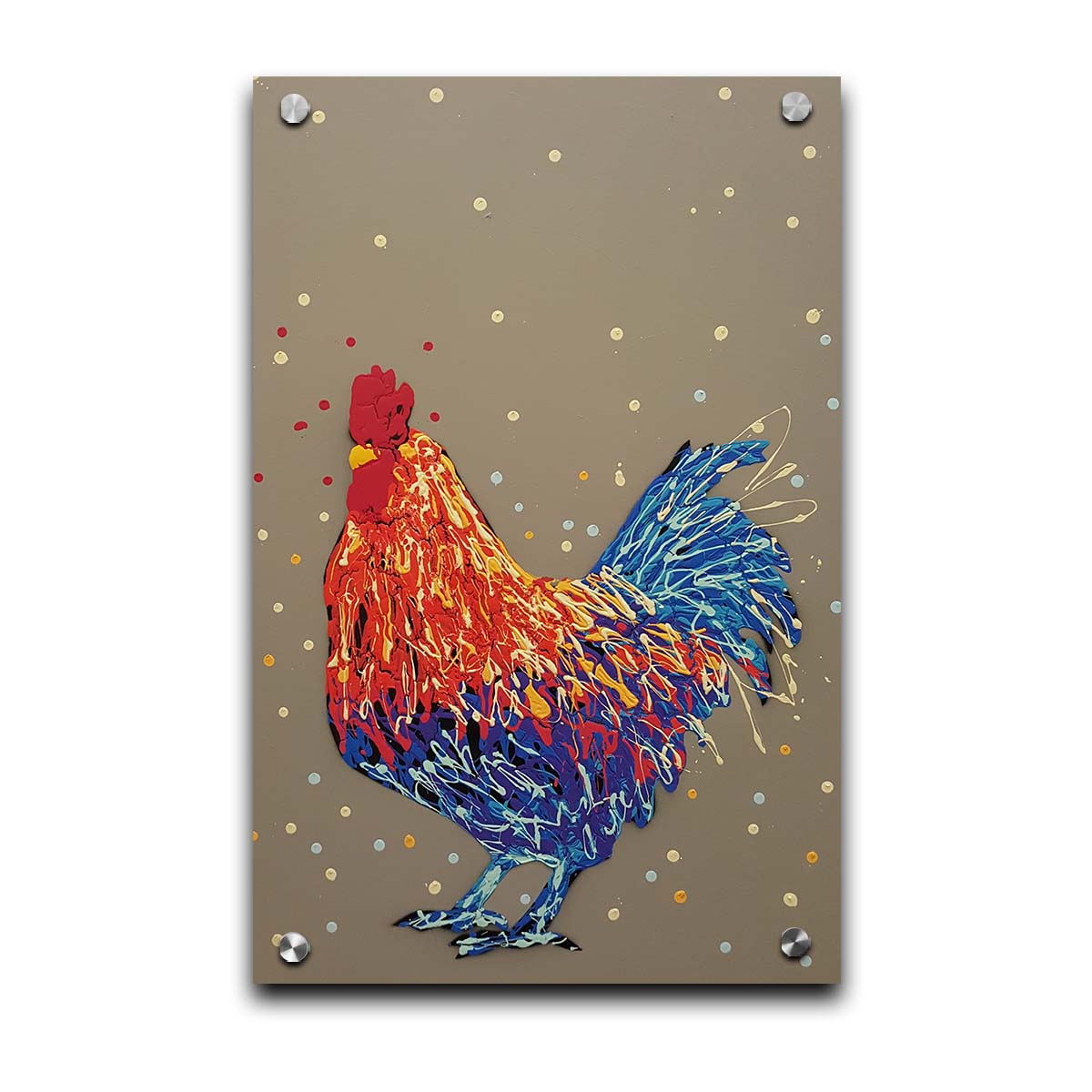 A drip painting of a red and blue rooster against a warm gray background. Printed on acrylic.