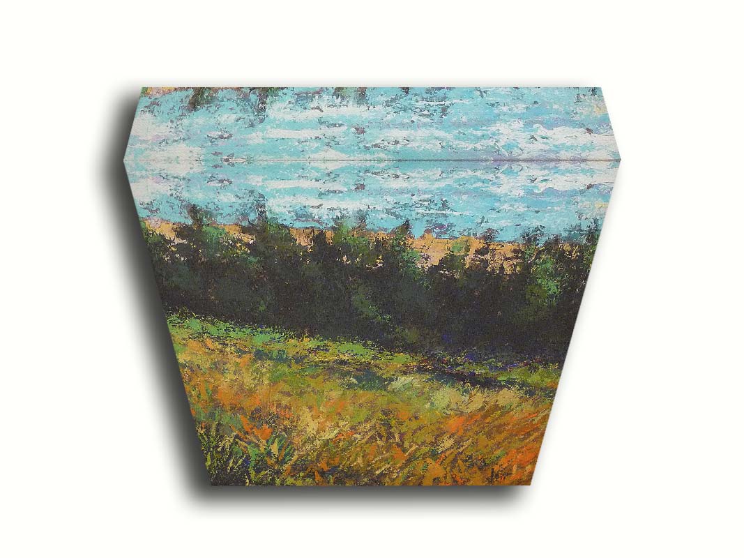 A painting of a grassy green and orange hill, lined in the distance by evergreen trees. Printed on canvas.