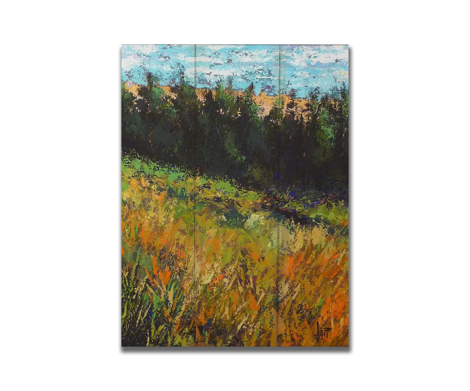 A painting of a grassy green and orange hill, lined in the distance by evergreen trees. Printed on a box board.