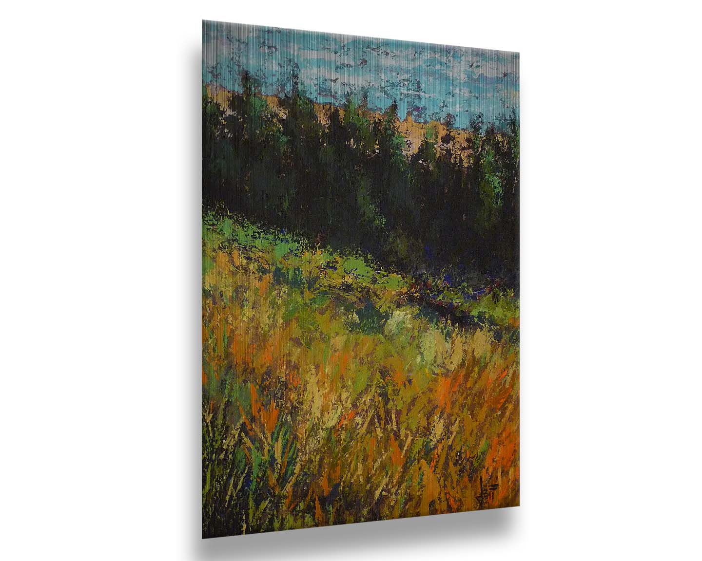 A painting of a grassy green and orange hill, lined in the distance by evergreen trees. Printed on metal.