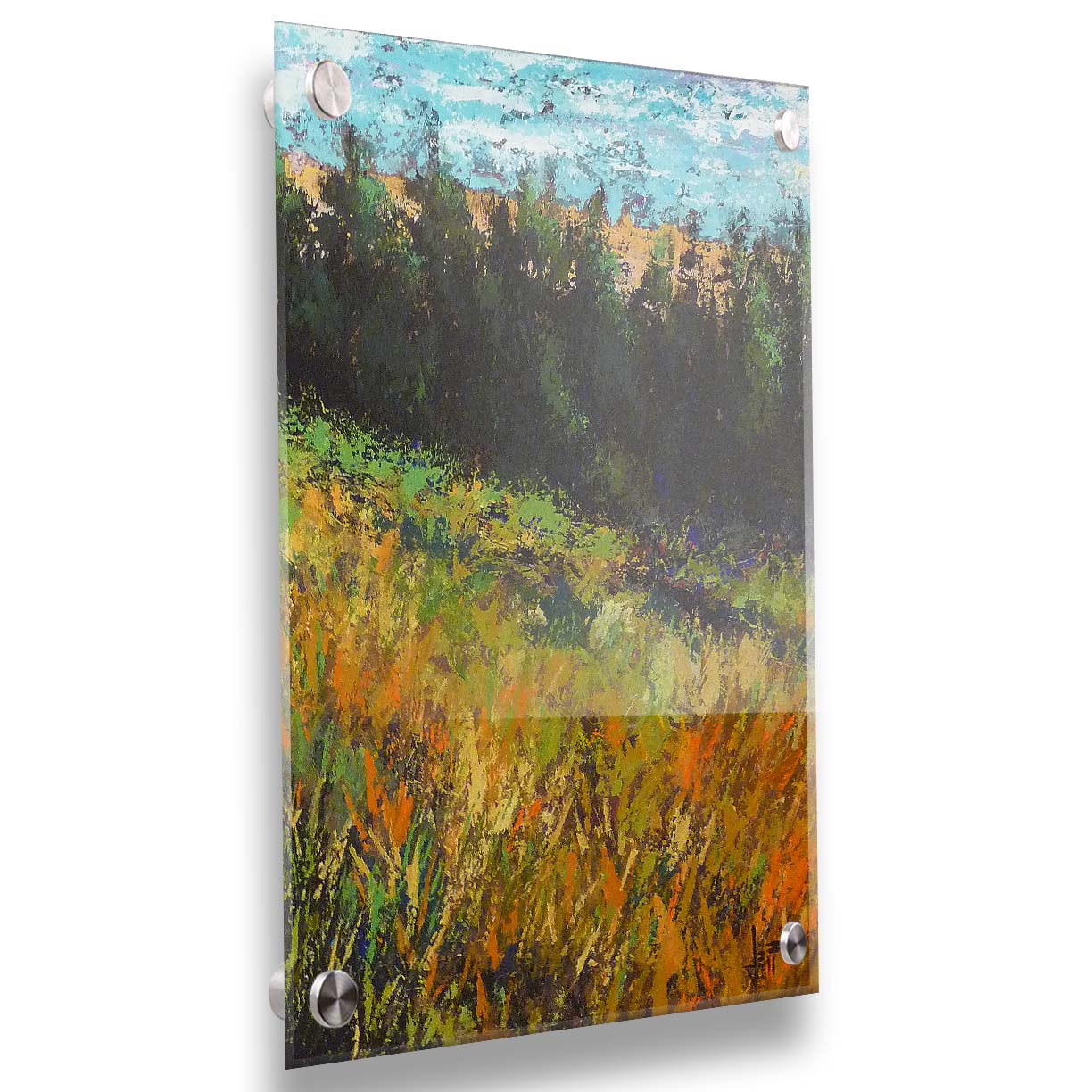 A painting of a grassy green and orange hill, lined in the distance by evergreen trees. Printed on acrylic.