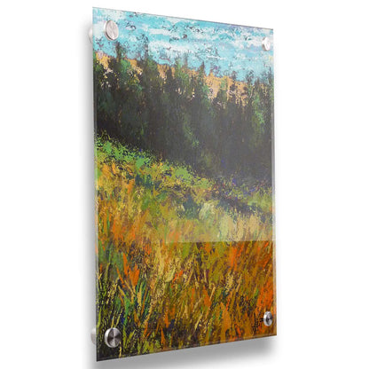 A painting of a grassy green and orange hill, lined in the distance by evergreen trees. Printed on acrylic.