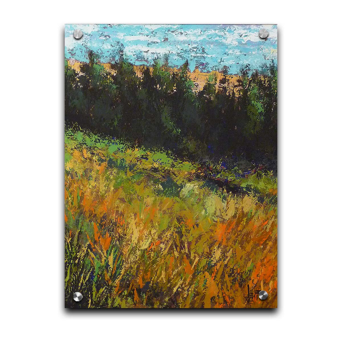 A painting of a grassy green and orange hill, lined in the distance by evergreen trees. Printed on acrylic.