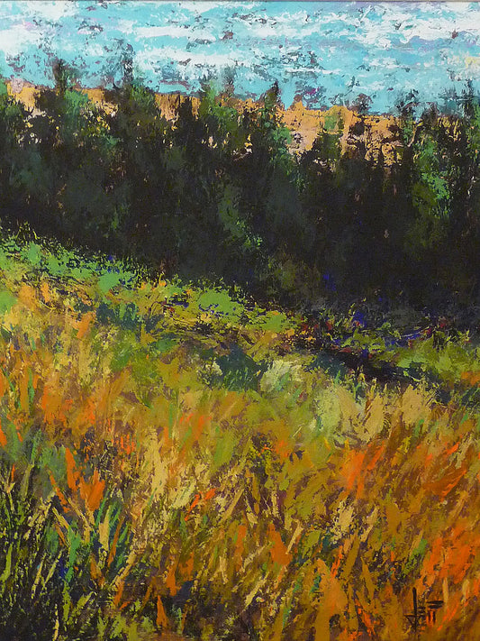 A painting of a grassy green and orange hill, lined in the distance by evergreen trees.