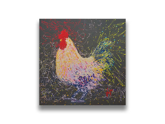 A drip painting of a rooster using a wide variety of layered colors, sharply contrasted against a gray background. Printed on canvas.