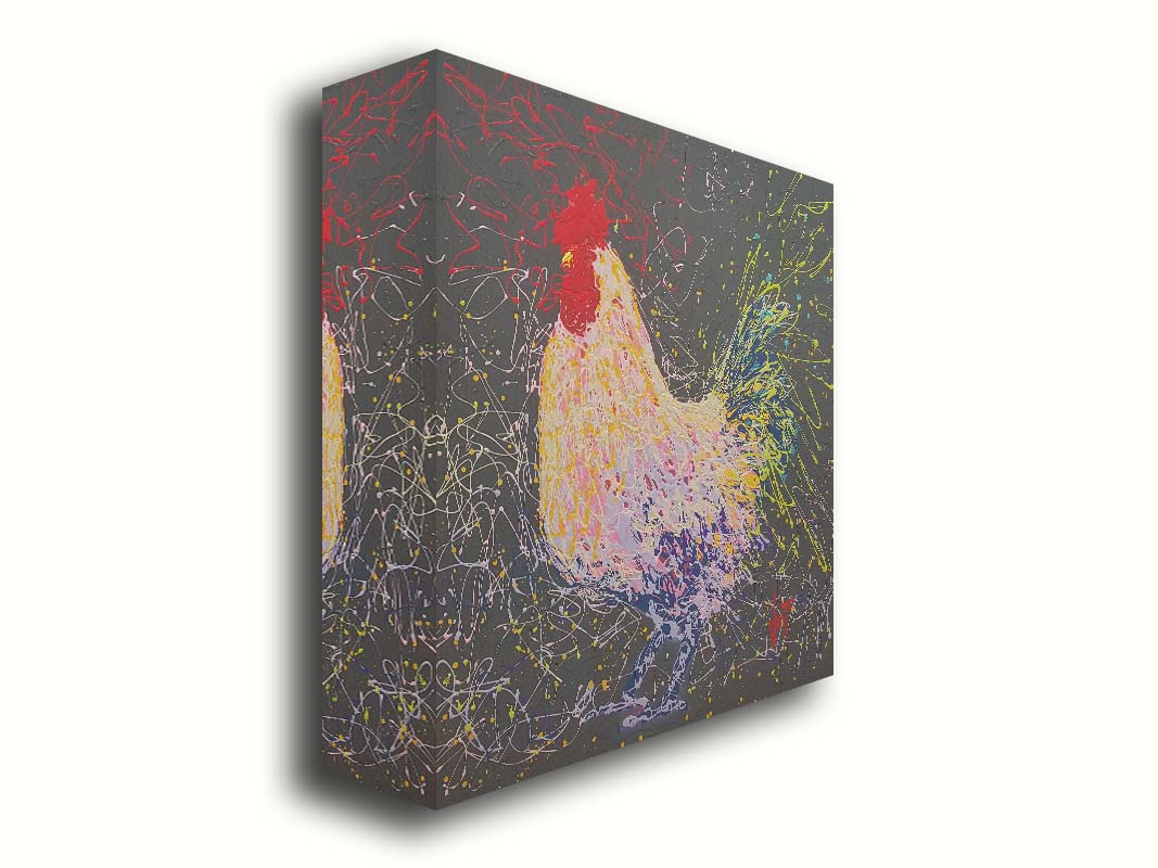 A drip painting of a rooster using a wide variety of layered colors, sharply contrasted against a gray background. Printed on canvas.