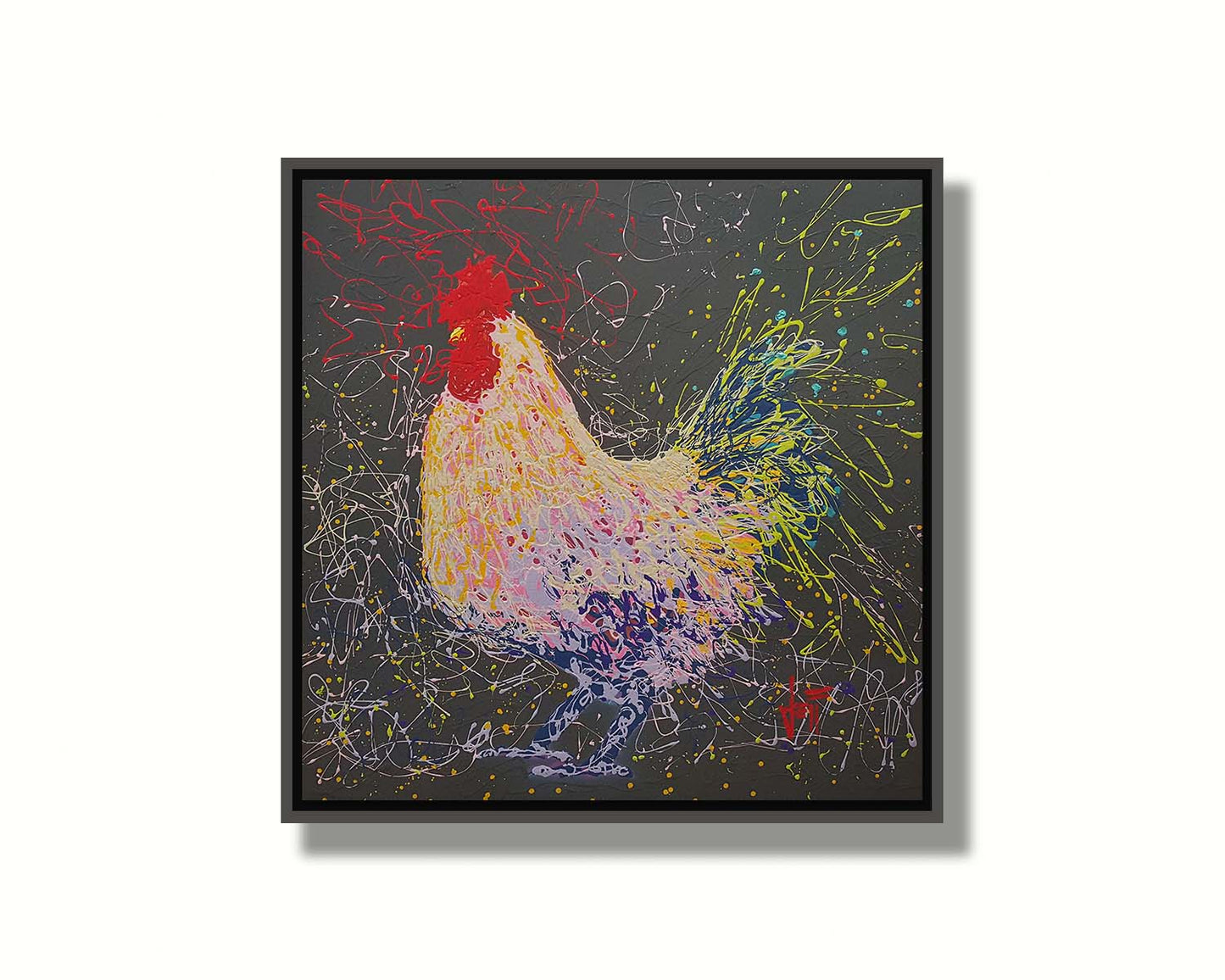 A drip painting of a rooster using a wide variety of layered colors, sharply contrasted against a gray background. Printed on canvas in a float frame.