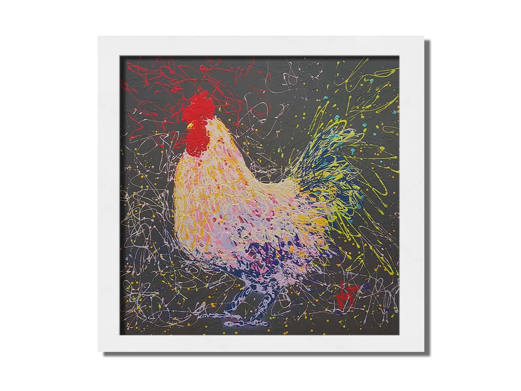 A drip painting of a rooster using a wide variety of layered colors, sharply contrasted against a gray background. Printed on canvas and framed.