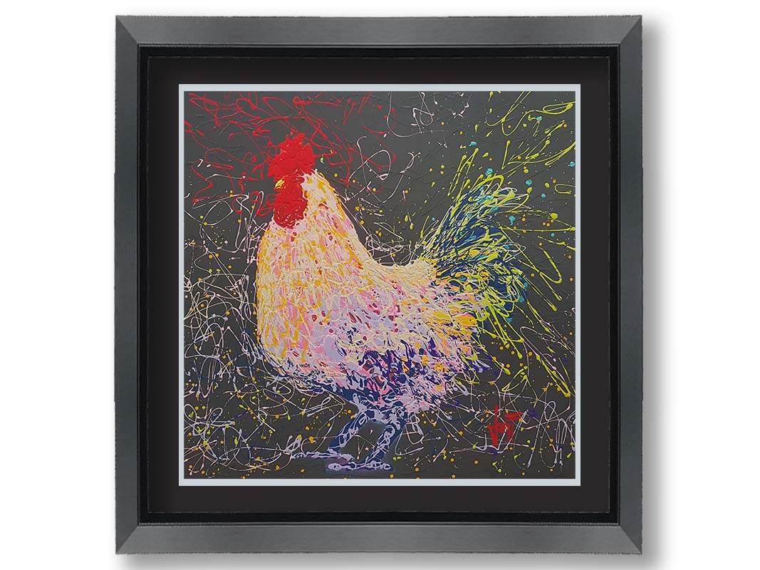 A drip painting of a rooster using a wide variety of layered colors, sharply contrasted against a gray background. Printed on paper, matted, and framed.