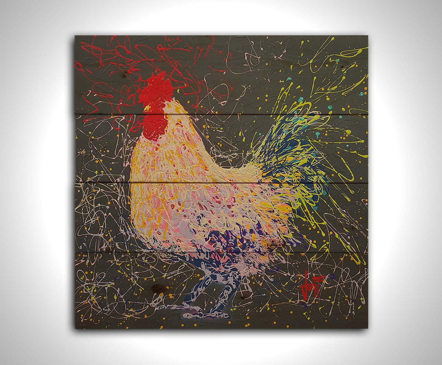 A drip painting of a rooster using a wide variety of layered colors, sharply contrasted against a gray background. Printed on a wood pallet.