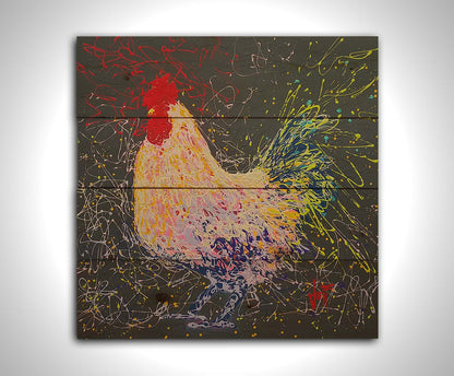 A drip painting of a rooster using a wide variety of layered colors, sharply contrasted against a gray background. Printed on a wood pallet.