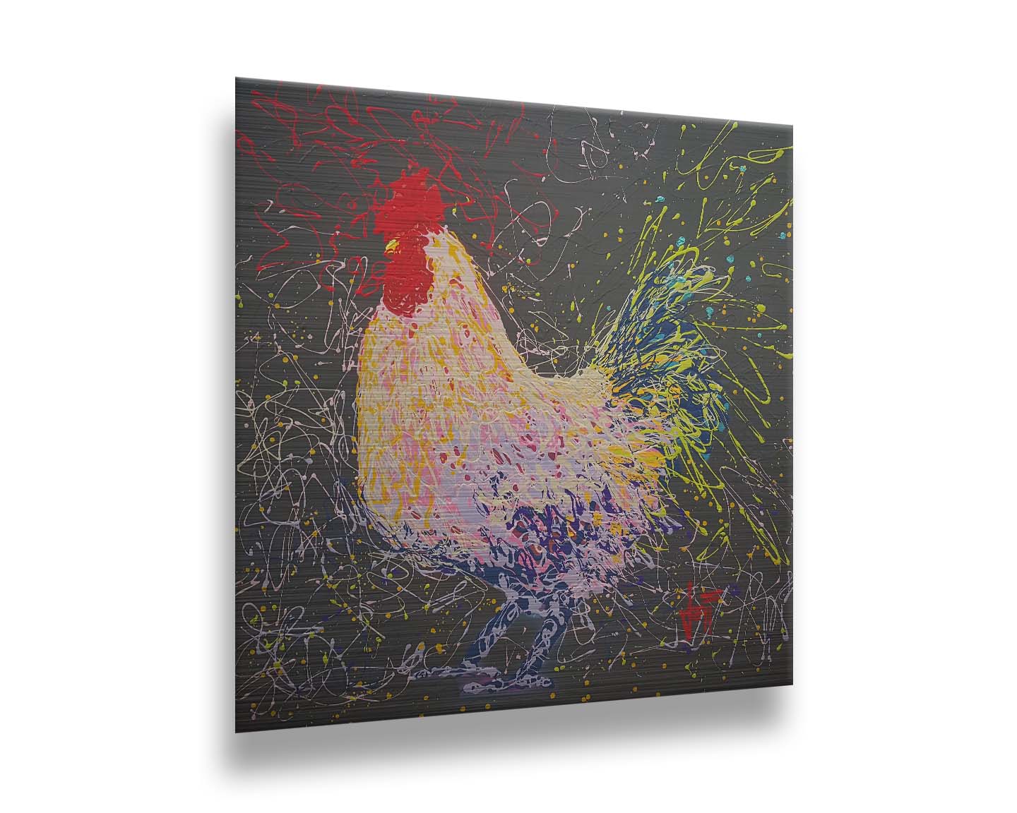 A drip painting of a rooster using a wide variety of layered colors, sharply contrasted against a gray background. Printed on metal.