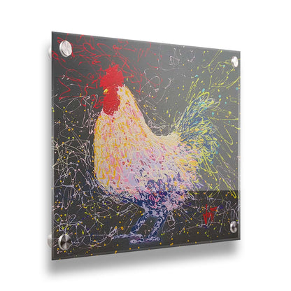 A drip painting of a rooster using a wide variety of layered colors, sharply contrasted against a gray background. Printed on acrylic.