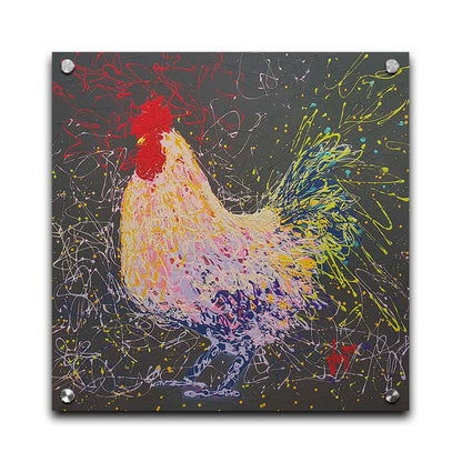 A drip painting of a rooster using a wide variety of layered colors, sharply contrasted against a gray background. Printed on acrylic.