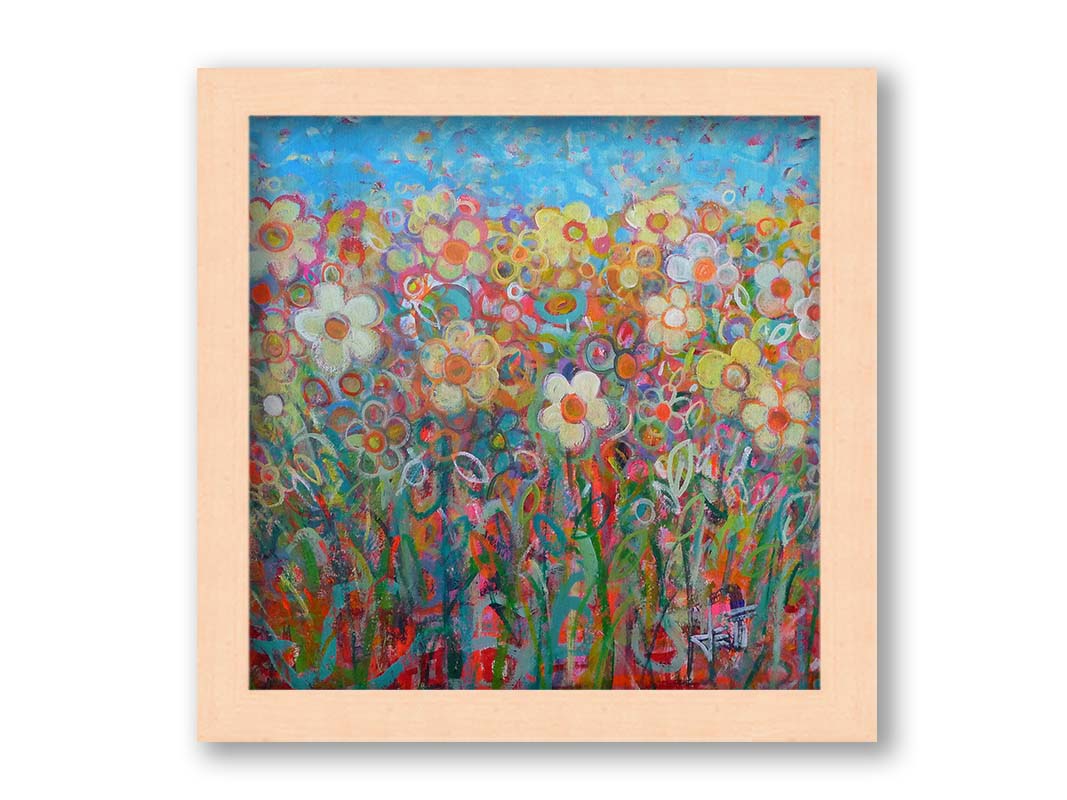 A painting of a simplified field of flowers in a variety of colors, set against a bright blue sky. Printed on canvas and framed.