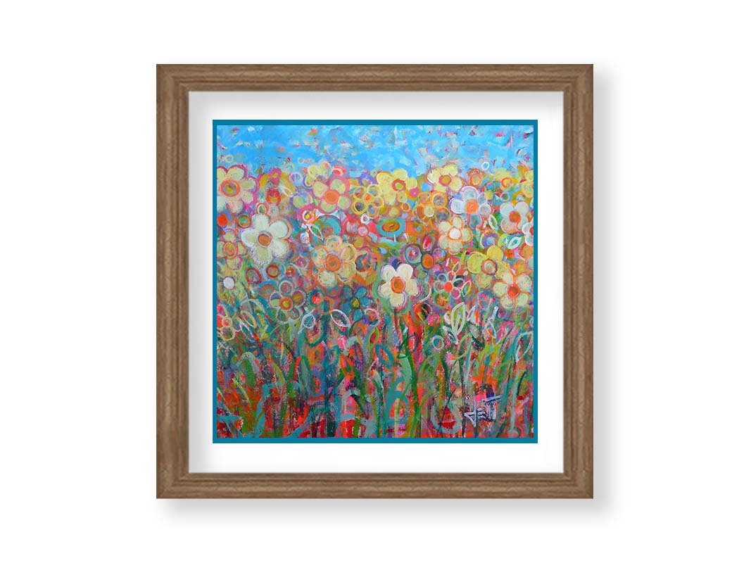 A painting of a simplified field of flowers in a variety of colors, set against a bright blue sky. Printed on paper, matted, and framed.