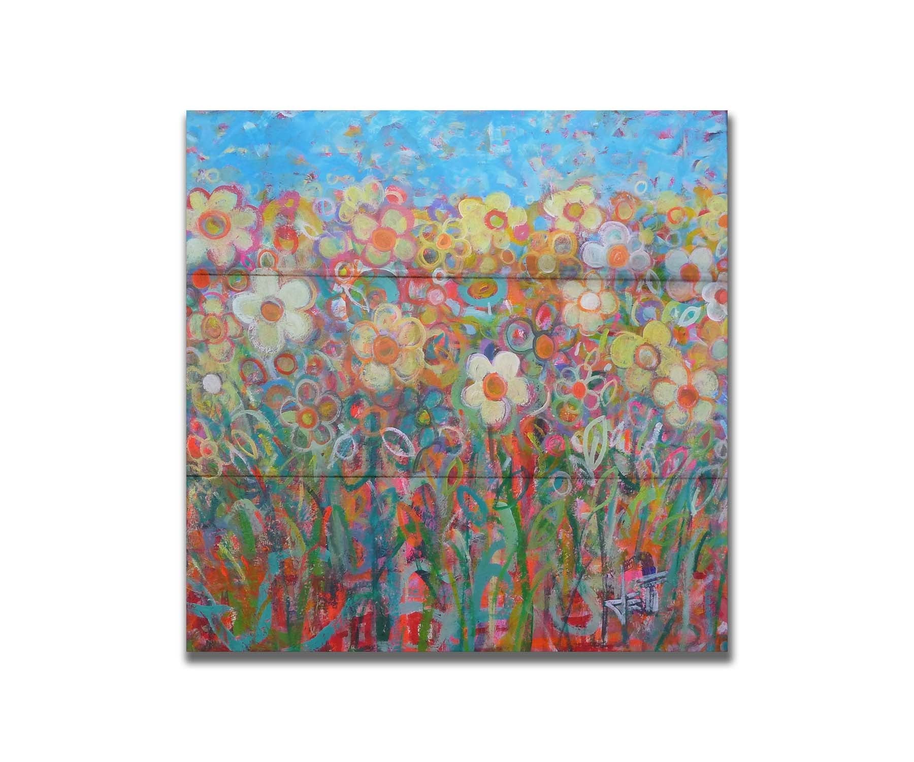 A painting of a simplified field of flowers in a variety of colors, set against a bright blue sky. Printed on a box board.