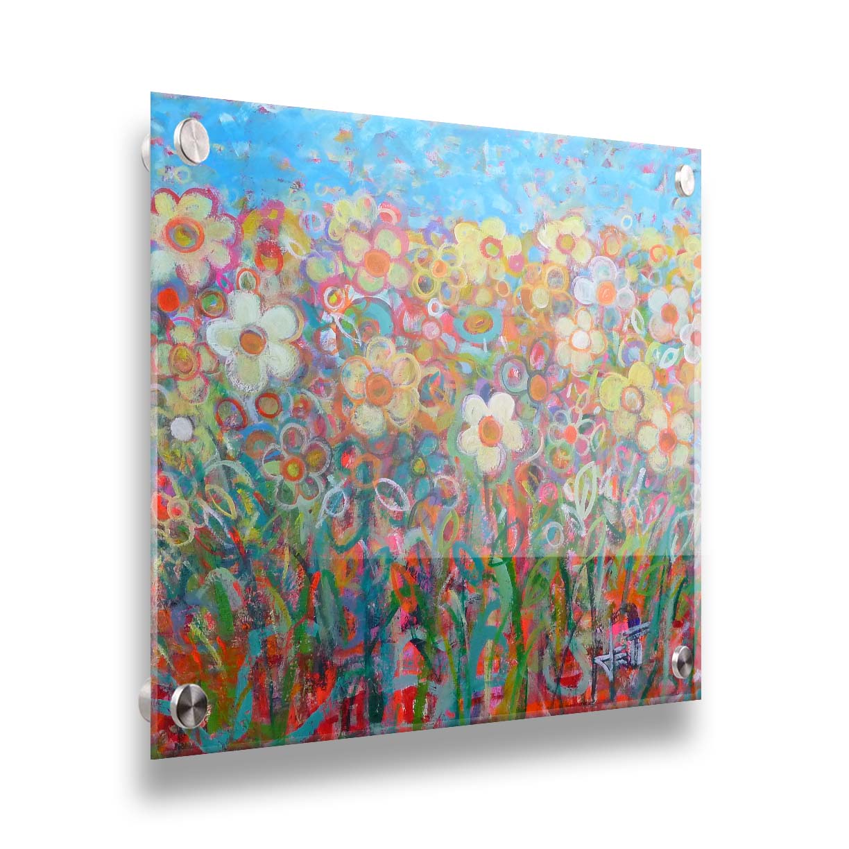 A painting of a simplified field of flowers in a variety of colors, set against a bright blue sky. Printed on acrylic.