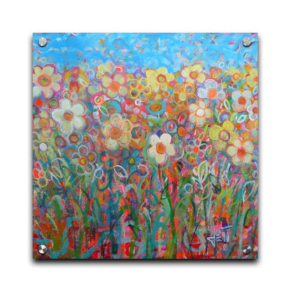 A painting of a simplified field of flowers in a variety of colors, set against a bright blue sky. Printed on acrylic.