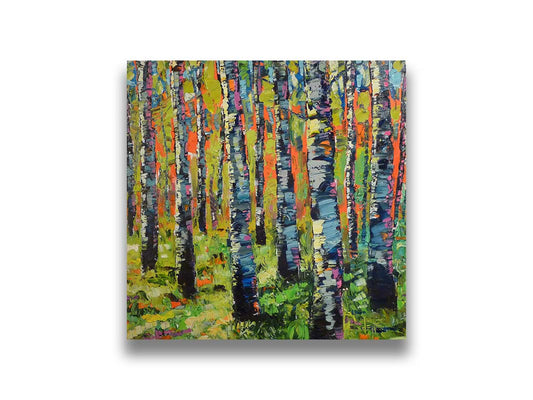 A painting of a forest of birch trunks, using visible brushstrokes and arbitrary colors in a contemporary style. Printed on canvas.