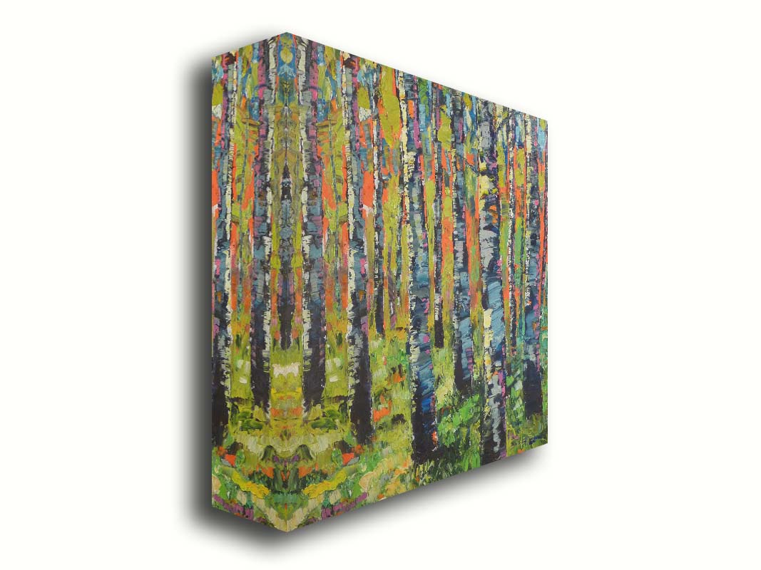 A painting of a forest of birch trunks, using visible brushstrokes and arbitrary colors in a contemporary style. Printed on canvas.