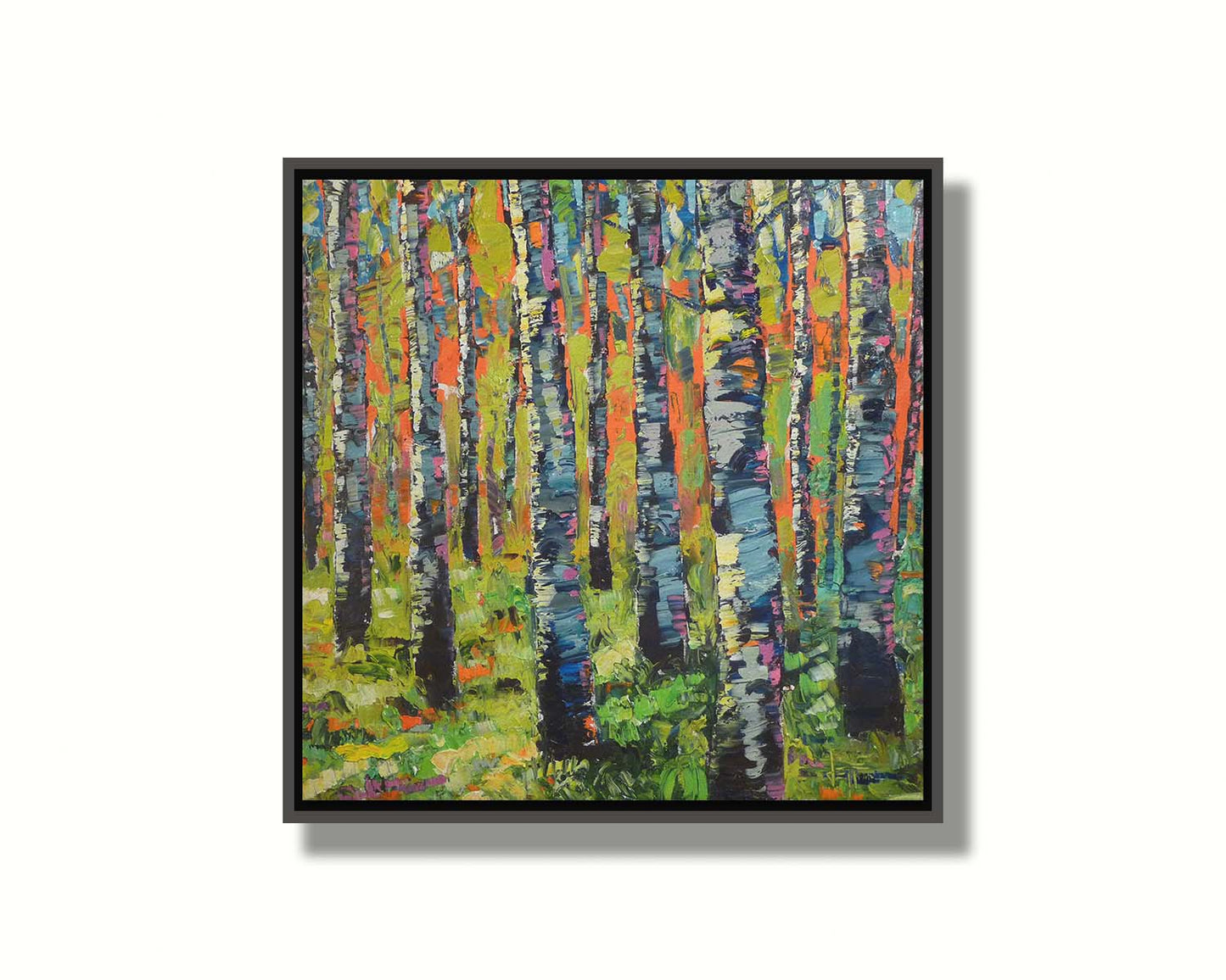 A painting of a forest of birch trunks, using visible brushstrokes and arbitrary colors in a contemporary style. Printed on canvas in a float frame.