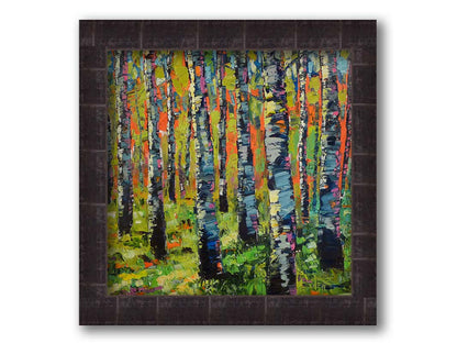 A painting of a forest of birch trunks, using visible brushstrokes and arbitrary colors in a contemporary style. Printed on canvas and framed.