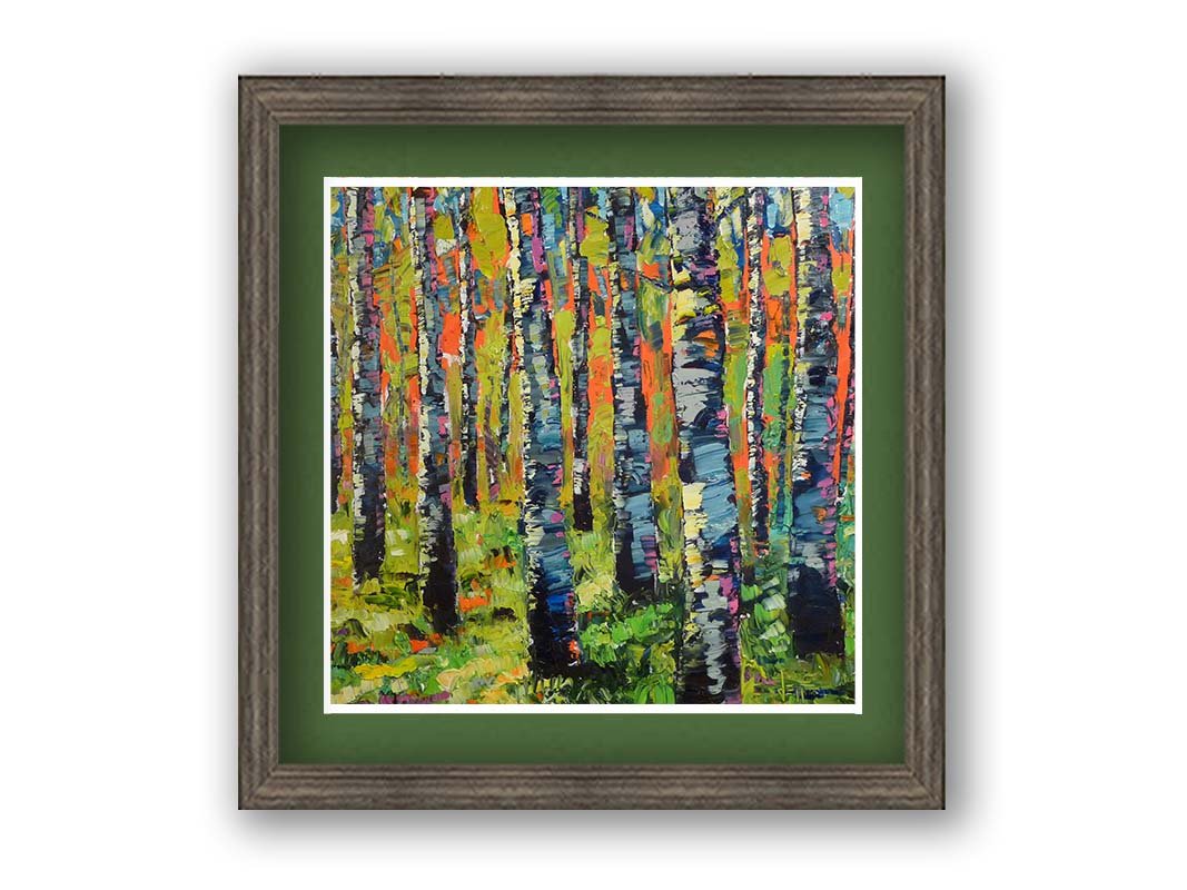 A painting of a forest of birch trunks, using visible brushstrokes and arbitrary colors in a contemporary style. Printed on paper, matted, and framed.