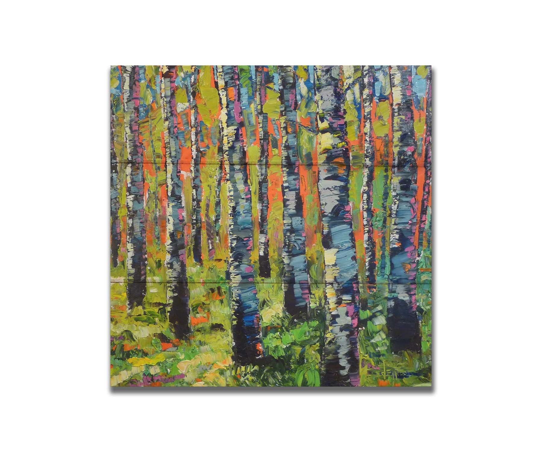 A painting of a forest of birch trunks, using visible brushstrokes and arbitrary colors in a contemporary style. Printed on a box board.