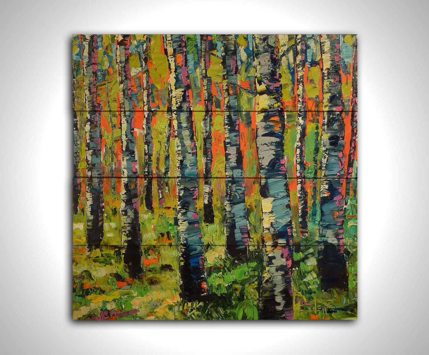 A painting of a forest of birch trunks, using visible brushstrokes and arbitrary colors in a contemporary style. Printed on a wood pallet.