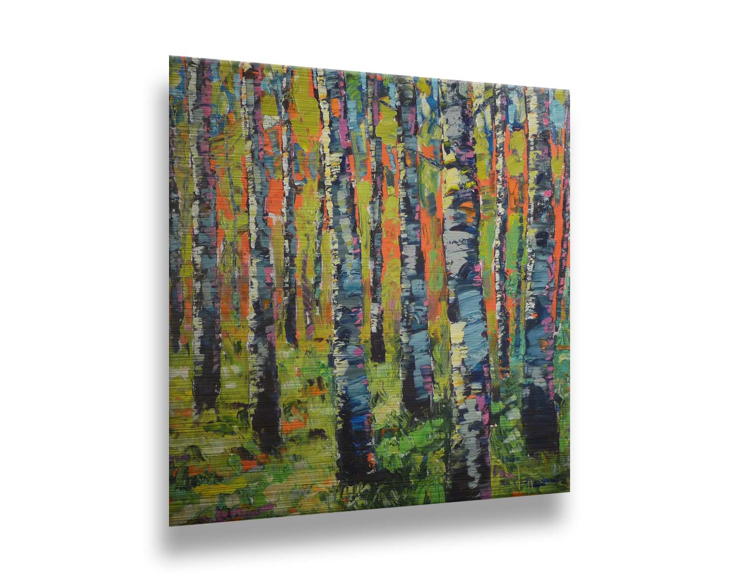 A painting of a forest of birch trunks, using visible brushstrokes and arbitrary colors in a contemporary style. Printed on metal.