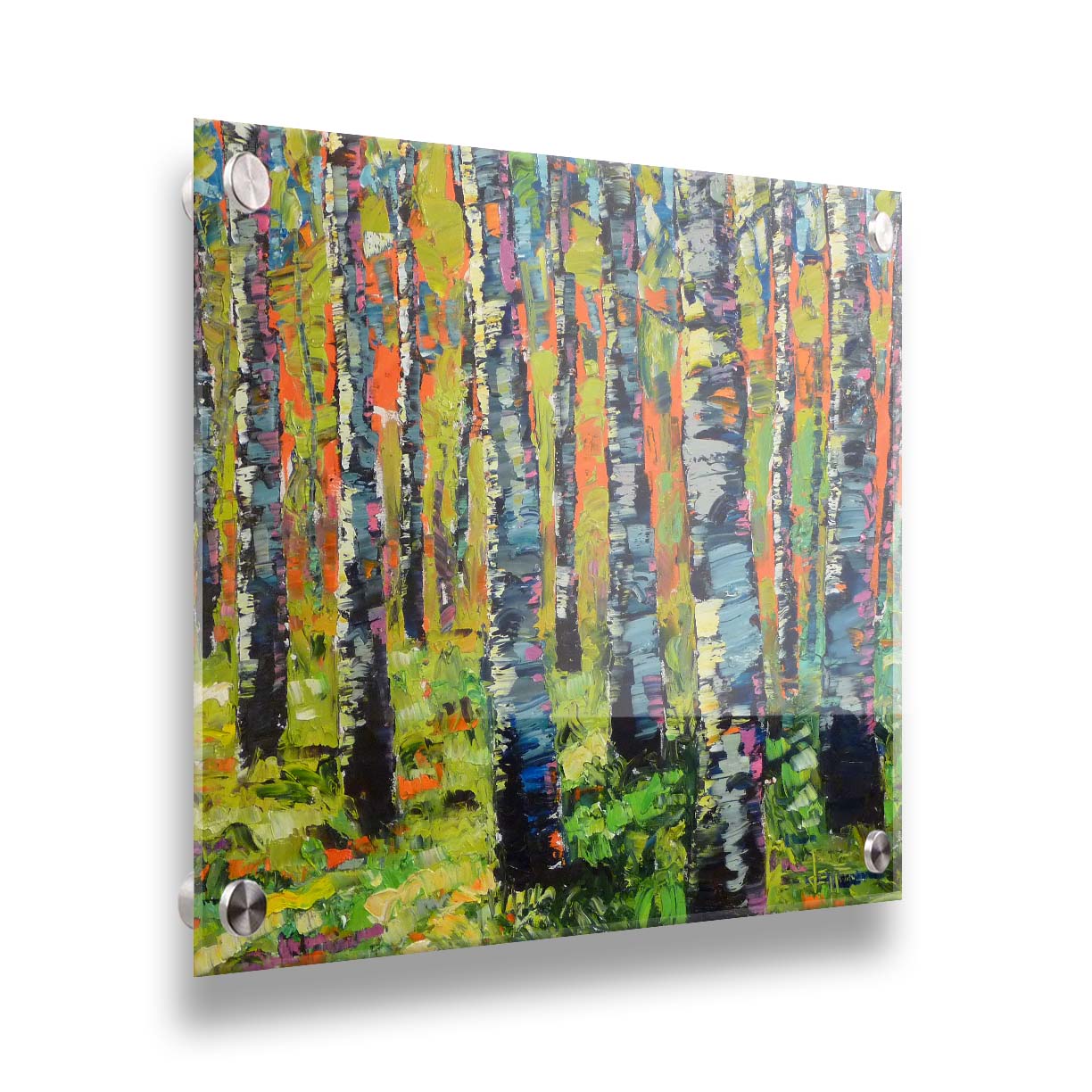 A painting of a forest of birch trunks, using visible brushstrokes and arbitrary colors in a contemporary style. Printed on acrylic.