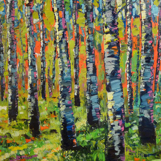 A painting of a forest of birch trunks, using visible brushstrokes and arbitrary colors in a contemporary style.